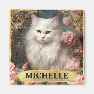 Watercolor Vintage White Cat and Pink Roses Magnet