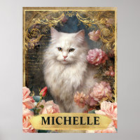 Watercolor Vintage White Cat and Pink Roses