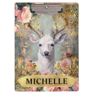 Watercolor Vintage White Deer and Pink Roses Clipboard
