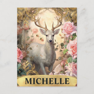 Watercolor Vintage White Deer and Pink Roses Postcard