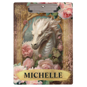 Watercolor Vintage White Dragon and Pink Roses Clipboard