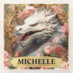 Watercolor Vintage White Dragon and Pink Roses Glass Coaster