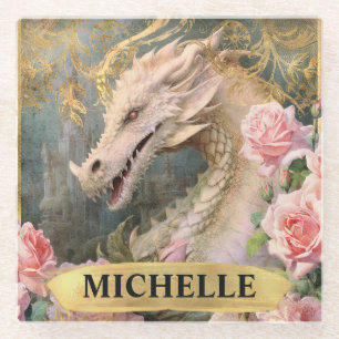 Watercolor Vintage White Dragon and Pink Roses Glass Coaster