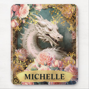 Watercolor Vintage White Dragon and Pink Roses Mouse Pad