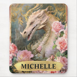 Watercolor Vintage White Dragon and Pink Roses Mouse Pad