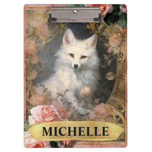 Watercolor Vintage White Fox and Pink Roses Clipboard