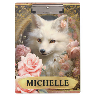 Watercolor Vintage White Fox and Pink Roses Clipboard