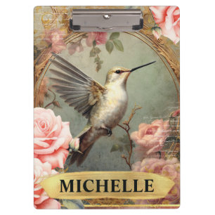 Watercolor Vintage White Hummingbird & Pink Roses Clipboard