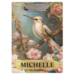 Watercolor Vintage White Hummingbird & Pink Roses Clipboard