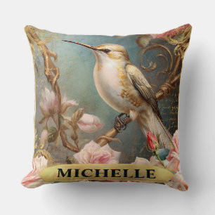 Watercolor Vintage White Hummingbird & Pink Roses Cushion