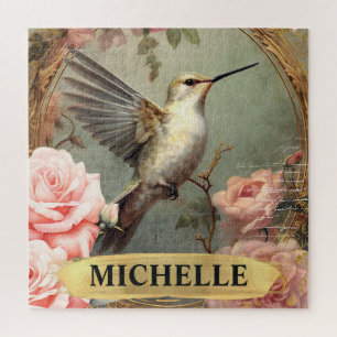 Watercolor Vintage White Hummingbird & Pink Roses Jigsaw Puzzle
