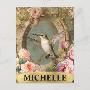 Watercolor Vintage White Hummingbird & Pink Roses Postcard