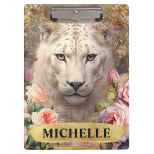 Watercolor Vintage White Leopard and Pink Roses Clipboard