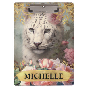 Watercolor Vintage White Leopard and Pink Roses Clipboard