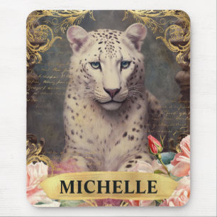Watercolor Vintage White Leopard and Pink Roses Mouse Pad