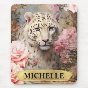 Watercolor Vintage White Leopard and Pink Roses Mouse Pad