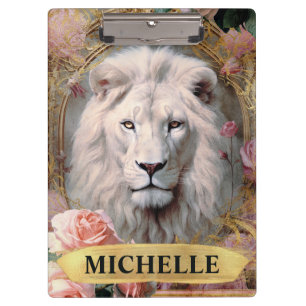 Watercolor Vintage White Lion and Pink Roses Clipboard