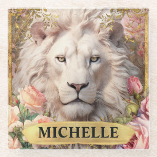 Watercolor Vintage White Lion and Pink Roses Glass Coaster