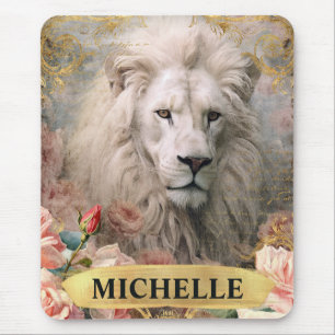 Watercolor Vintage White Lion and Pink Roses Mouse Pad