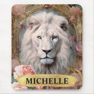 Watercolor Vintage White Lion and Pink Roses Mouse Pad
