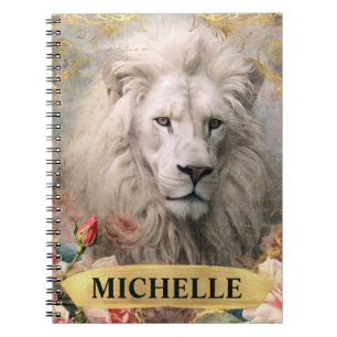 Watercolor Vintage White Lion and Pink Roses Notebook