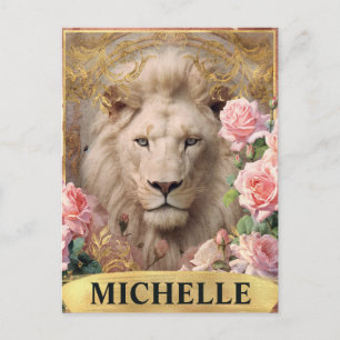 Watercolor Vintage White Lion and Pink Roses Postcard