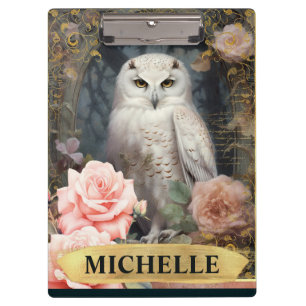 Watercolor Vintage White Owl and Pink Roses Clipboard