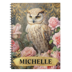 Watercolor Vintage White Owl and Pink Roses Notebook