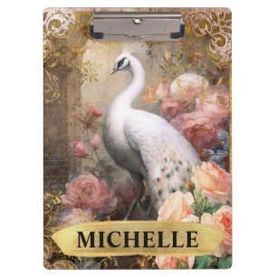 Watercolor Vintage White Peacock and Pink Roses Clipboard