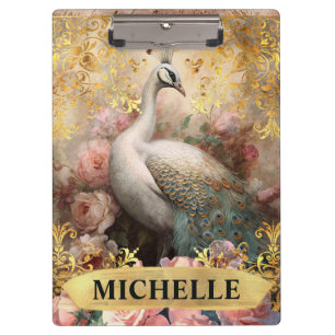 Watercolor Vintage White Peacock and Pink Roses Clipboard