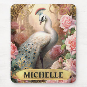 Watercolor Vintage White Peacock and Pink Roses Mouse Pad