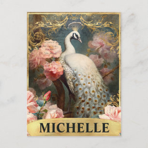 Watercolor Vintage White Peacock and Pink Roses Postcard