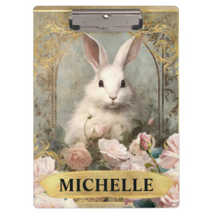 Watercolor Vintage White Rabbit and Pink Roses Clipboard