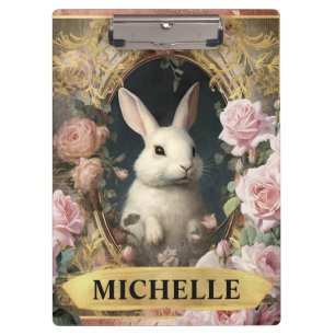 Watercolor Vintage White Rabbit and Pink Roses Clipboard