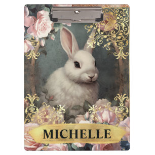 Watercolor Vintage White Rabbit and Pink Roses Clipboard
