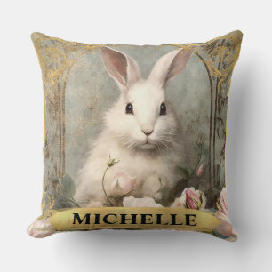 Watercolor Vintage White Rabbit and Pink Roses Cushion