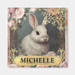 Watercolor Vintage White Rabbit and Pink Roses Magnet