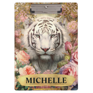 Watercolor Vintage White Tiger and Pink Roses Clipboard