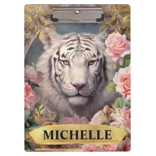 Watercolor Vintage White Tiger and Pink Roses Clipboard