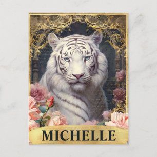 Watercolor Vintage White Tiger and Pink Roses Postcard