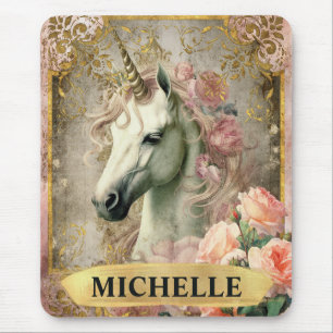 Watercolor Vintage White Unicorn and Pink Roses Mouse Pad