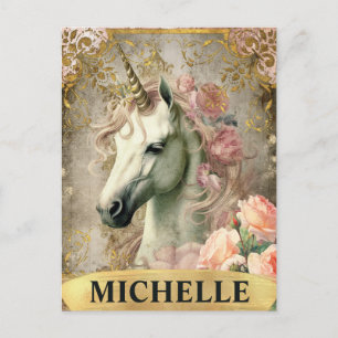Watercolor Vintage White Unicorn and Pink Roses Postcard