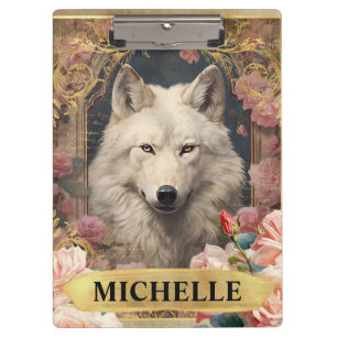 Watercolor Vintage White Wolf and Pink Roses Clipboard