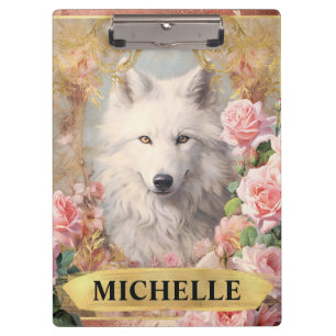Watercolor Vintage White Wolf and Pink Roses Clipboard