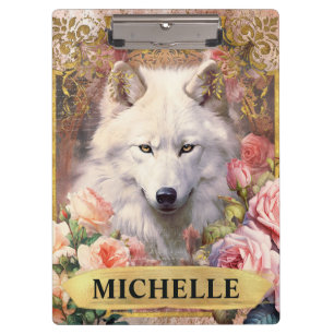 Watercolor Vintage White Wolf and Pink Roses Clipboard