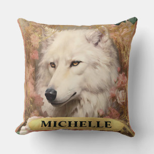 Watercolor Vintage White Wolf and Pink Roses Cushion