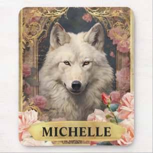 Watercolor Vintage White Wolf and Pink Roses Mouse Pad