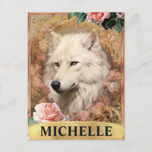 Watercolor Vintage White Wolf and Pink Roses Postcard