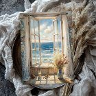 Watercolor vintage window seascape sea beach
