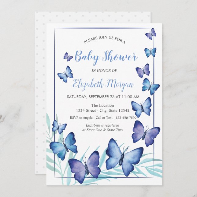 Watercolor Violet Butterflies Dots Baby Shower  Invitation (Front/Back)